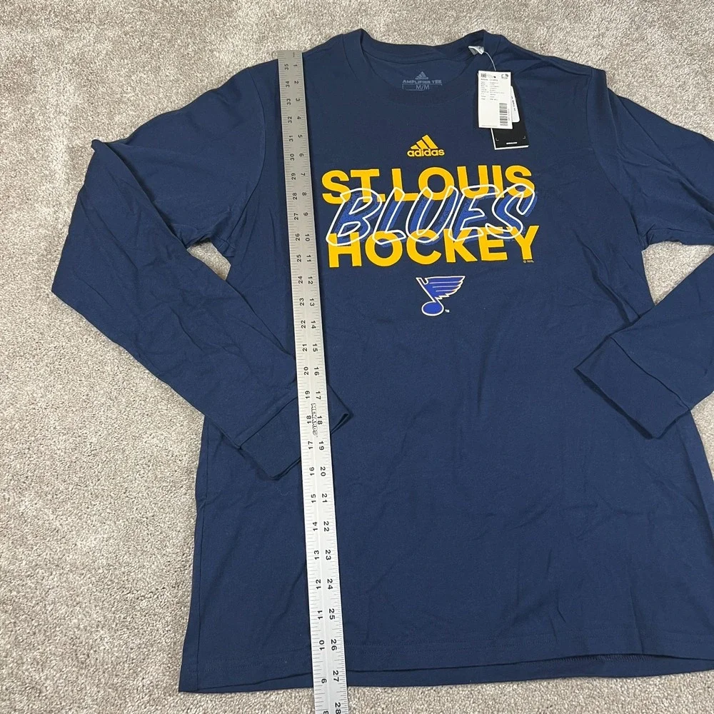 Adidas‎ Mens Medium Navy Blue St. Louis Blues Hockey LS Amplifier Tee Shirt NWT